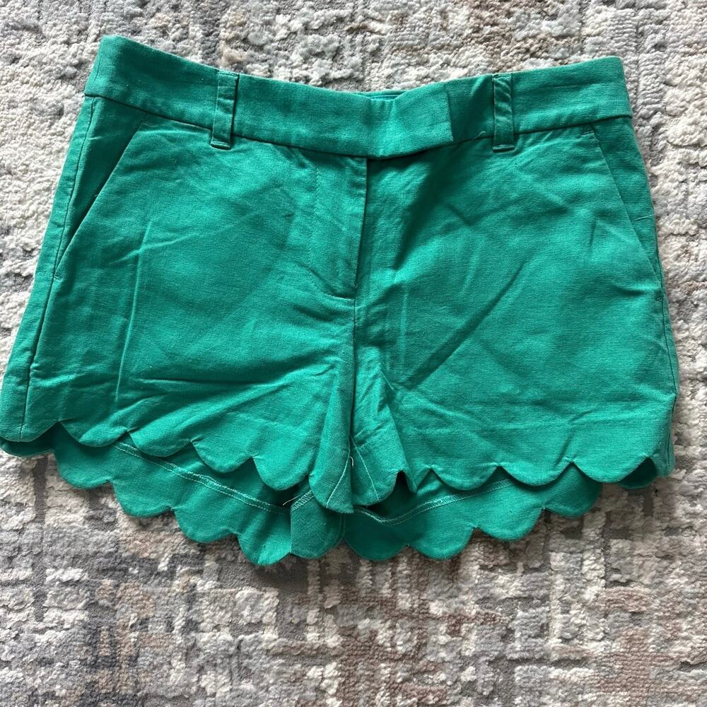 J. Crew Scallop Hem Linen Blend Short Sz 2 Green Flat Pockets Linen Cotton